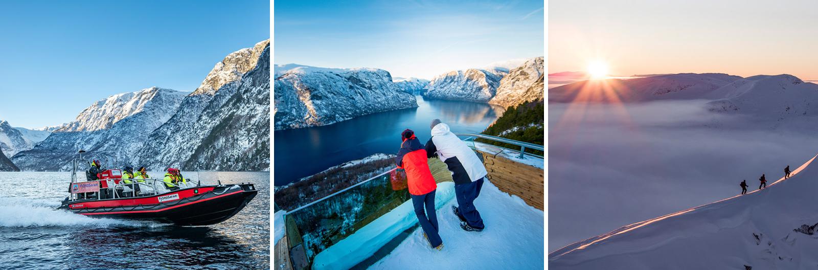 Outdoor in Sognefjord! Ga op een fjordsafari met een RIB-boot, bezoek het uitzichtpunt Stegastein en ga wandelen door het winterwonderland | Credits: GoFjords & sverrehjornevik.com Flåm AS & VERI Media