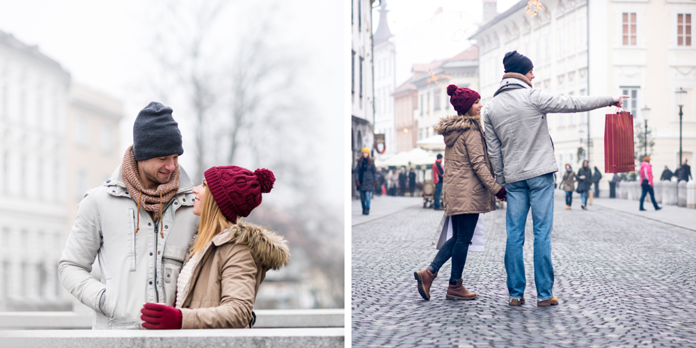 Foto van een koppel in een winterse stad